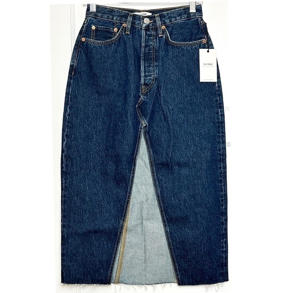 NWT RE/DONE 90s High Waist Front Slit Dark Denim Raw Fray Hem Midi Jean Skirt 26 - Picture 3 of 6